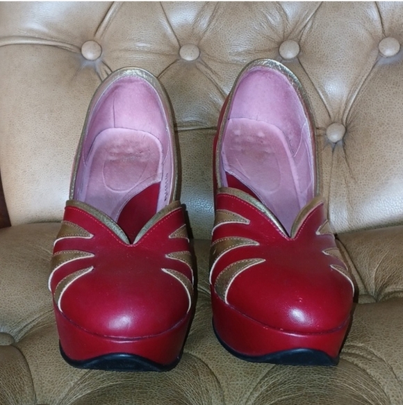 John Fluevog Lip Service Mandaly Red Gold Leather Platform Heels 90s Y2K Size 9 - Picture 6 of 9